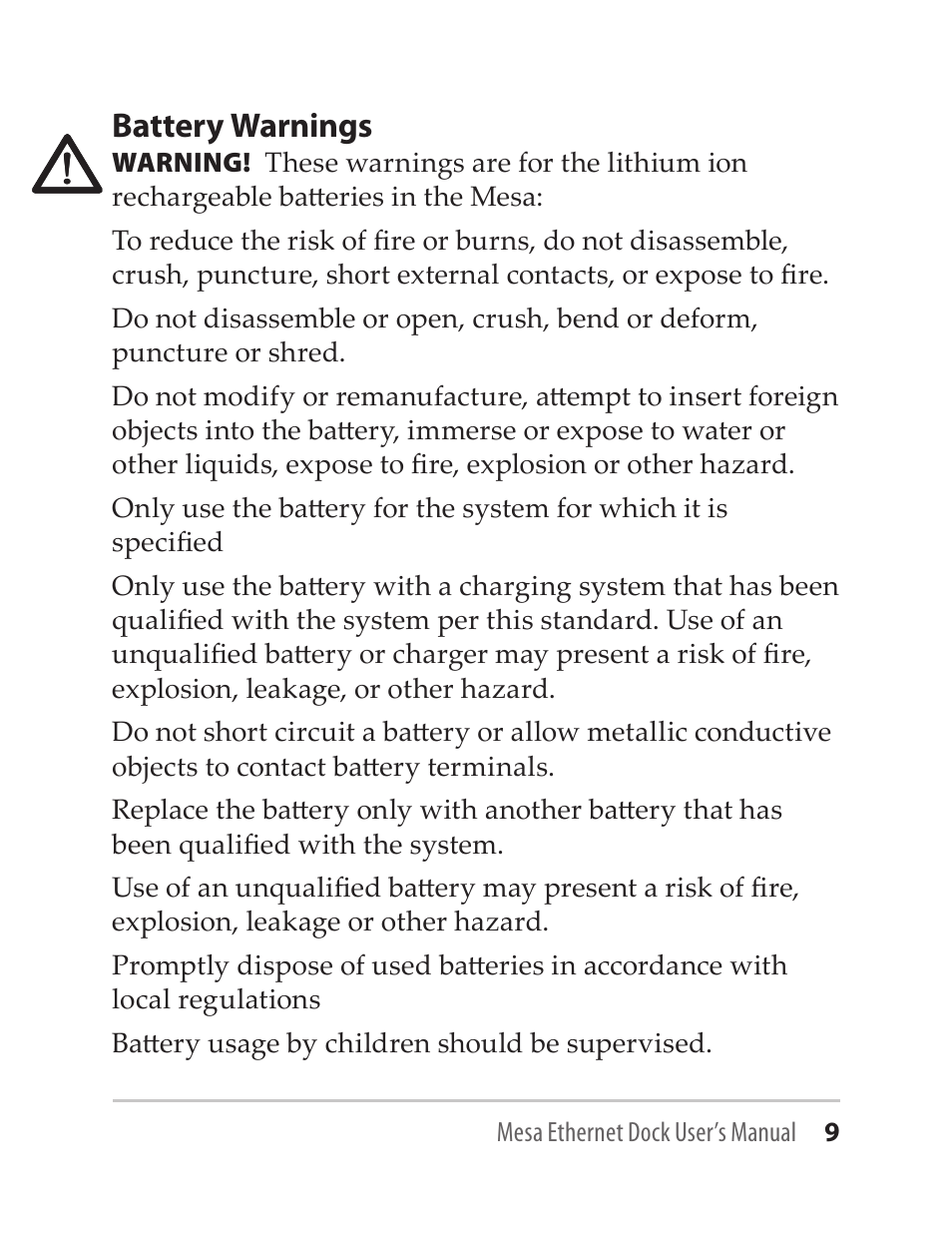 Battery warnings | Juniper Systems Mesa Ethernet Dock User Manual | Page 9 / 12