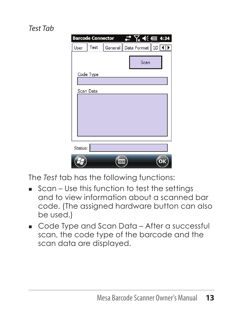 Mesa barcode scanner owner’s manual 13, Test tab | Juniper Systems Mesa with Barcode Scanner User Manual | Page 13 / 36