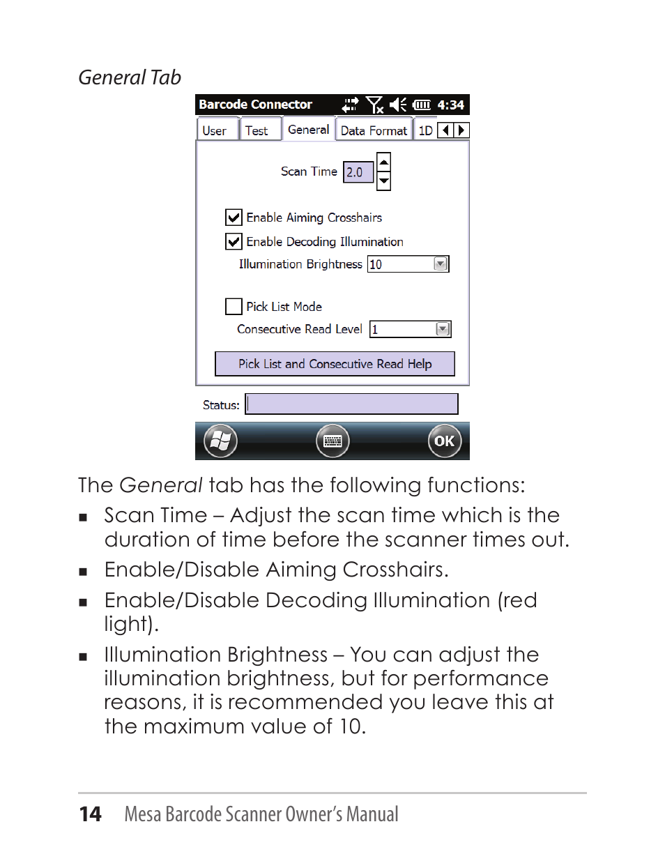 14 mesa barcode scanner owner’s manual, General tab | Juniper Systems Mesa with Barcode Scanner User Manual | Page 14 / 36