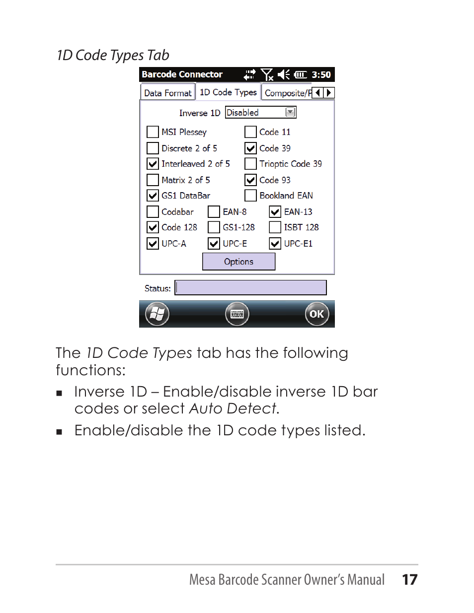 Mesa barcode scanner owner’s manual 17, 1d code types tab | Juniper Systems Mesa with Barcode Scanner User Manual | Page 17 / 36