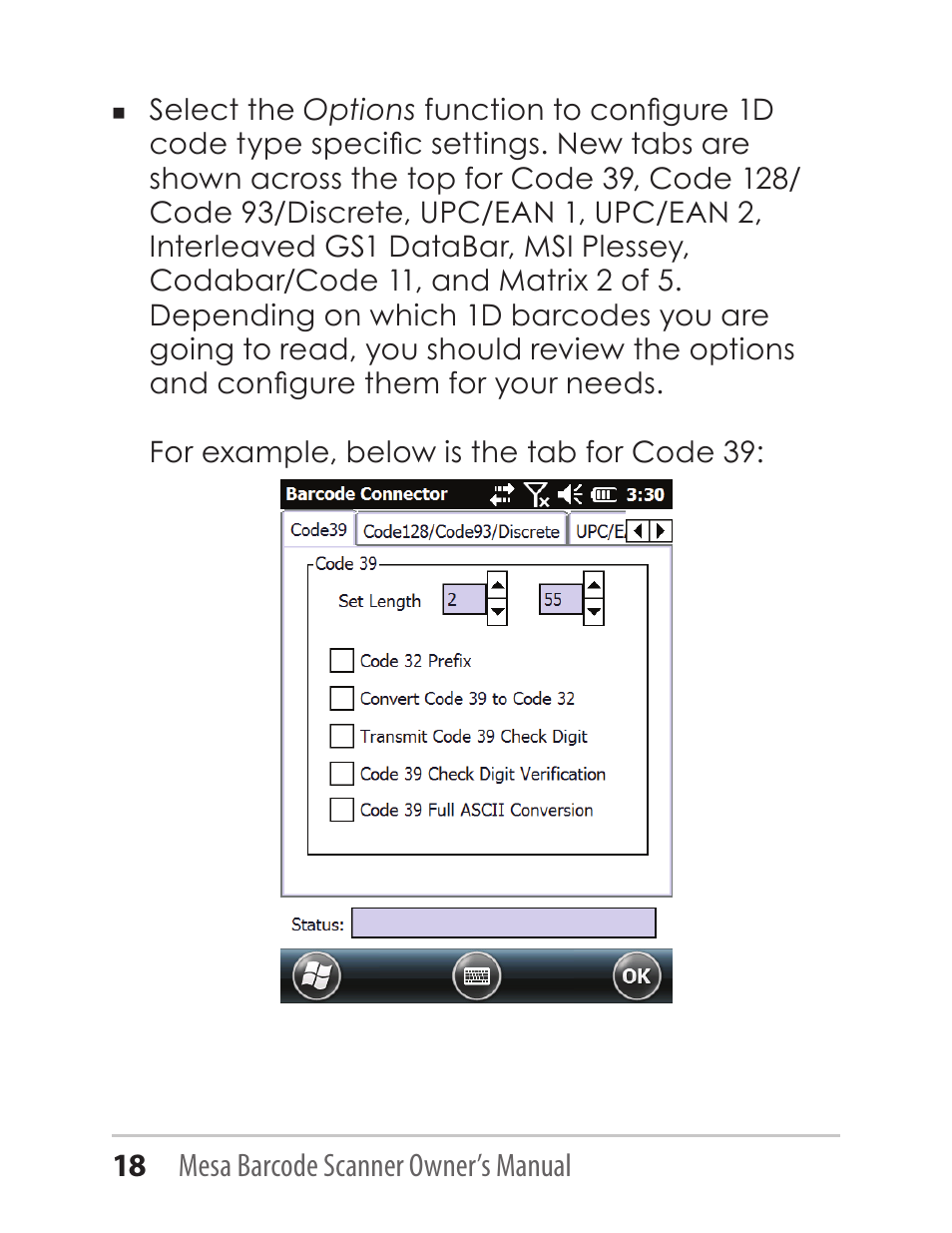 18 mesa barcode scanner owner’s manual | Juniper Systems Mesa with Barcode Scanner User Manual | Page 18 / 36