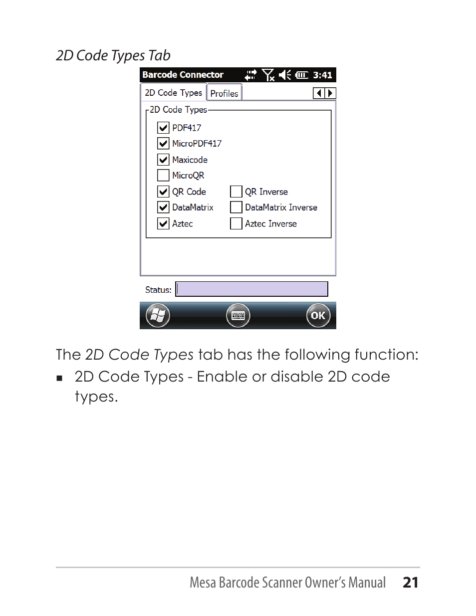 Mesa barcode scanner owner’s manual 21, 2d code types tab | Juniper Systems Mesa with Barcode Scanner User Manual | Page 21 / 36