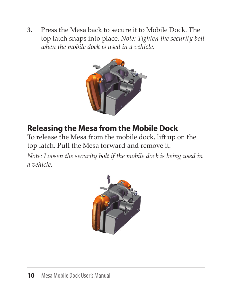 Releasing the mesa from the mobile dock | Juniper Systems Mesa Mobile Dock User Manual | Page 10 / 16