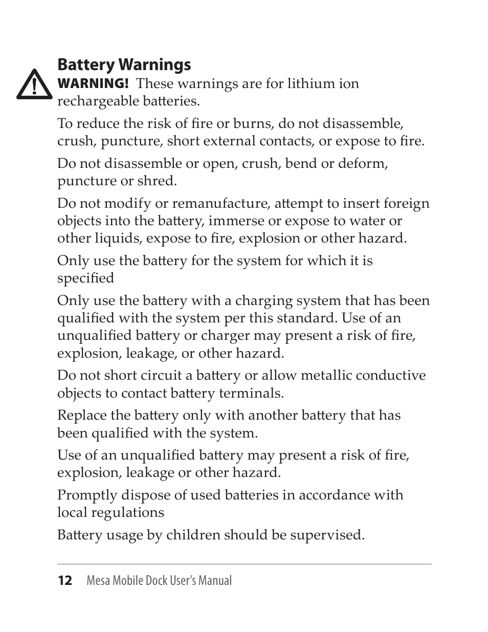 Battery warnings | Juniper Systems Mesa Mobile Dock User Manual | Page 12 / 16