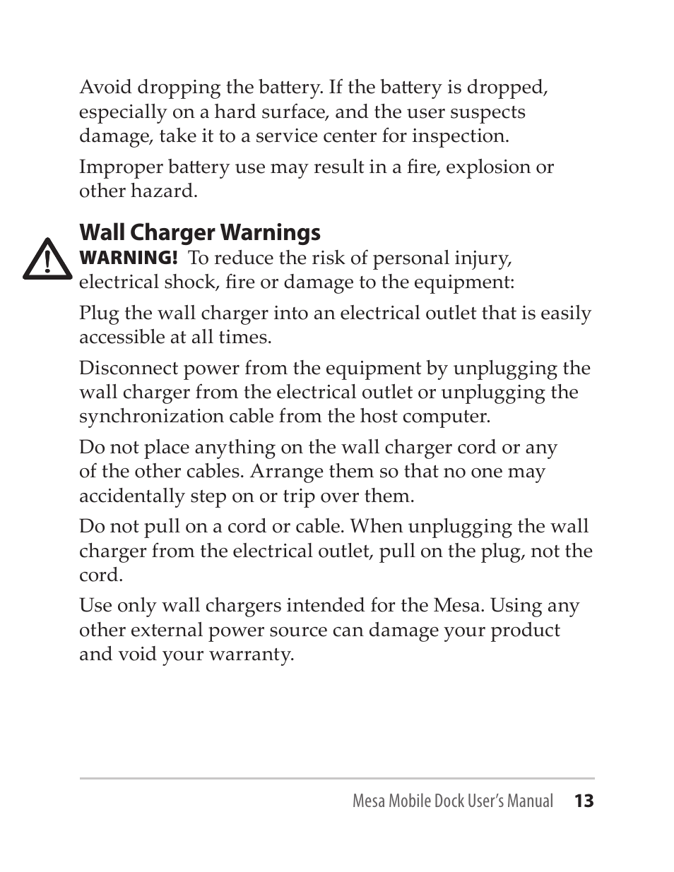 Wall charger warnings | Juniper Systems Mesa Mobile Dock User Manual | Page 13 / 16