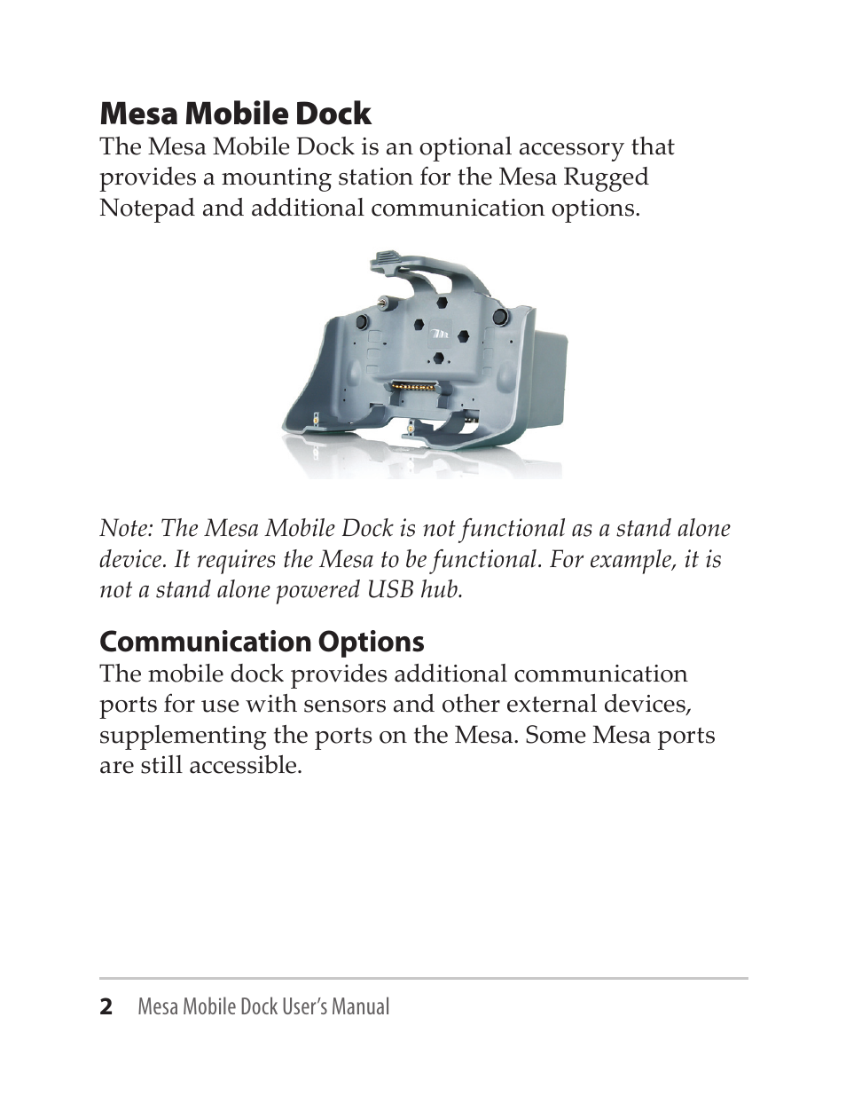 Mesa mobile dock, Communication options | Juniper Systems Mesa Mobile Dock User Manual | Page 2 / 16