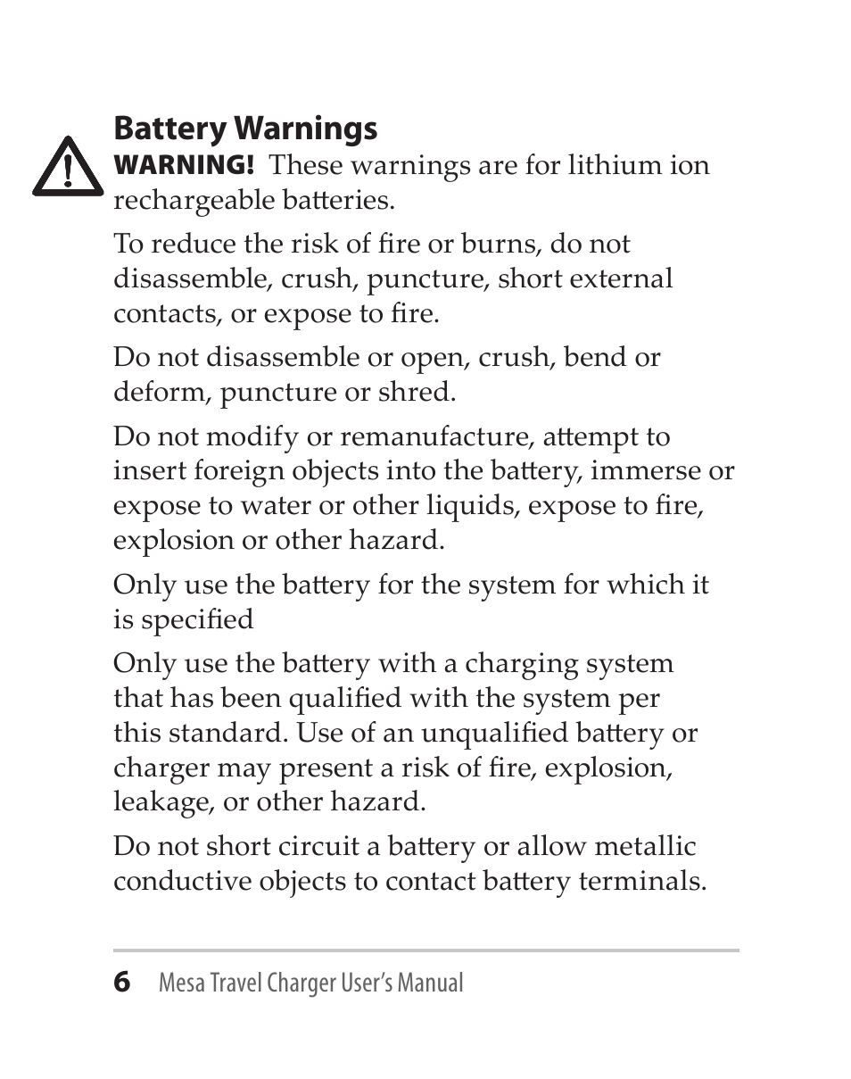 Battery warnings | Juniper Systems Mesa Travel Charger User Manual | Page 6 / 12