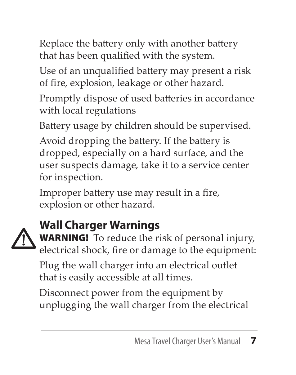 Wall charger warnings | Juniper Systems Mesa Travel Charger User Manual | Page 7 / 12
