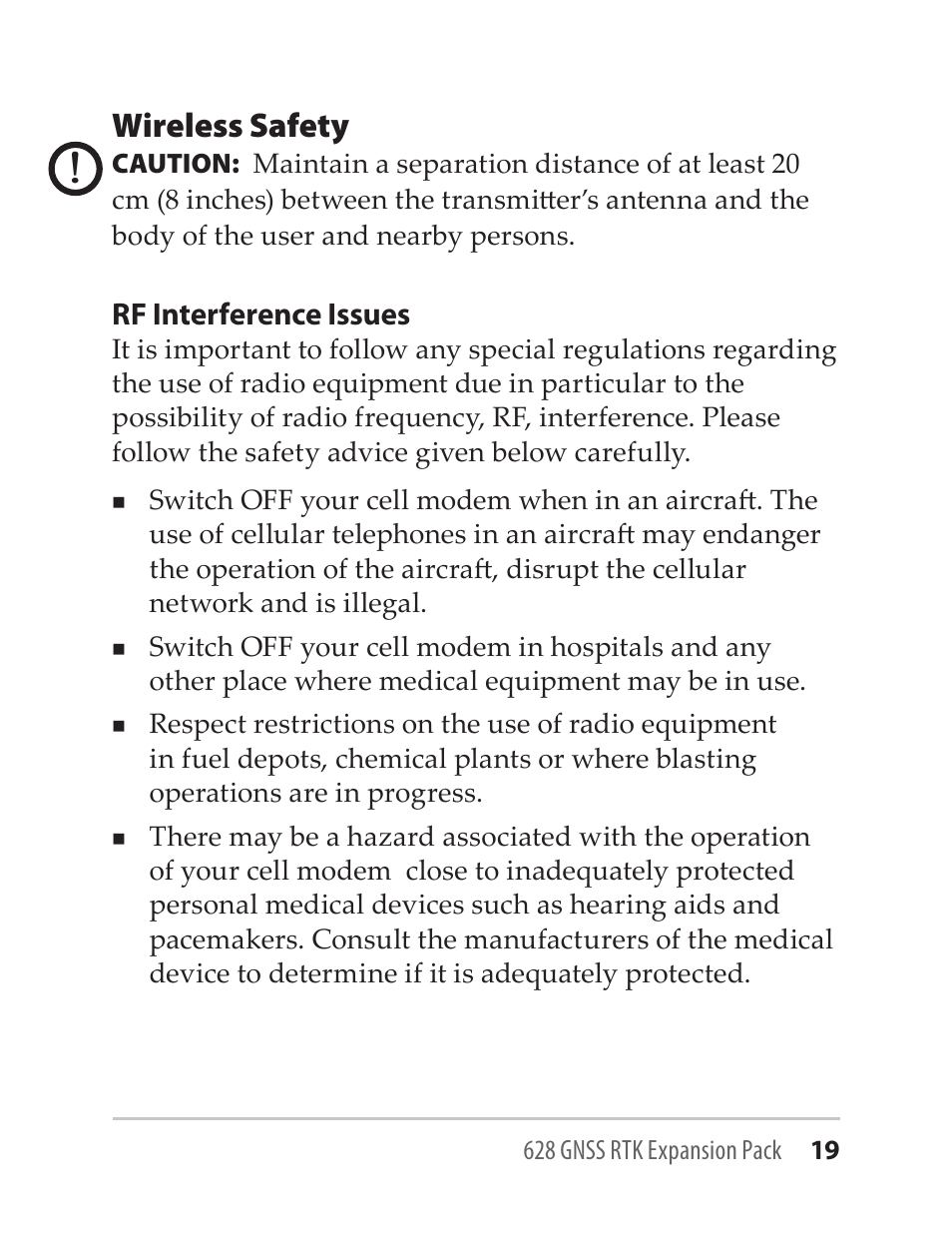 Wireless safety, Rf interference issues | Juniper Systems GNSS-RTK-628 User Manual | Page 19 / 24