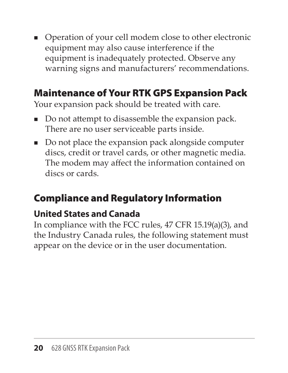 Maintenance of your rtk gps expansion pack, Compliance and regulatory information, United states and canada | Juniper Systems GNSS-RTK-628 User Manual | Page 20 / 24