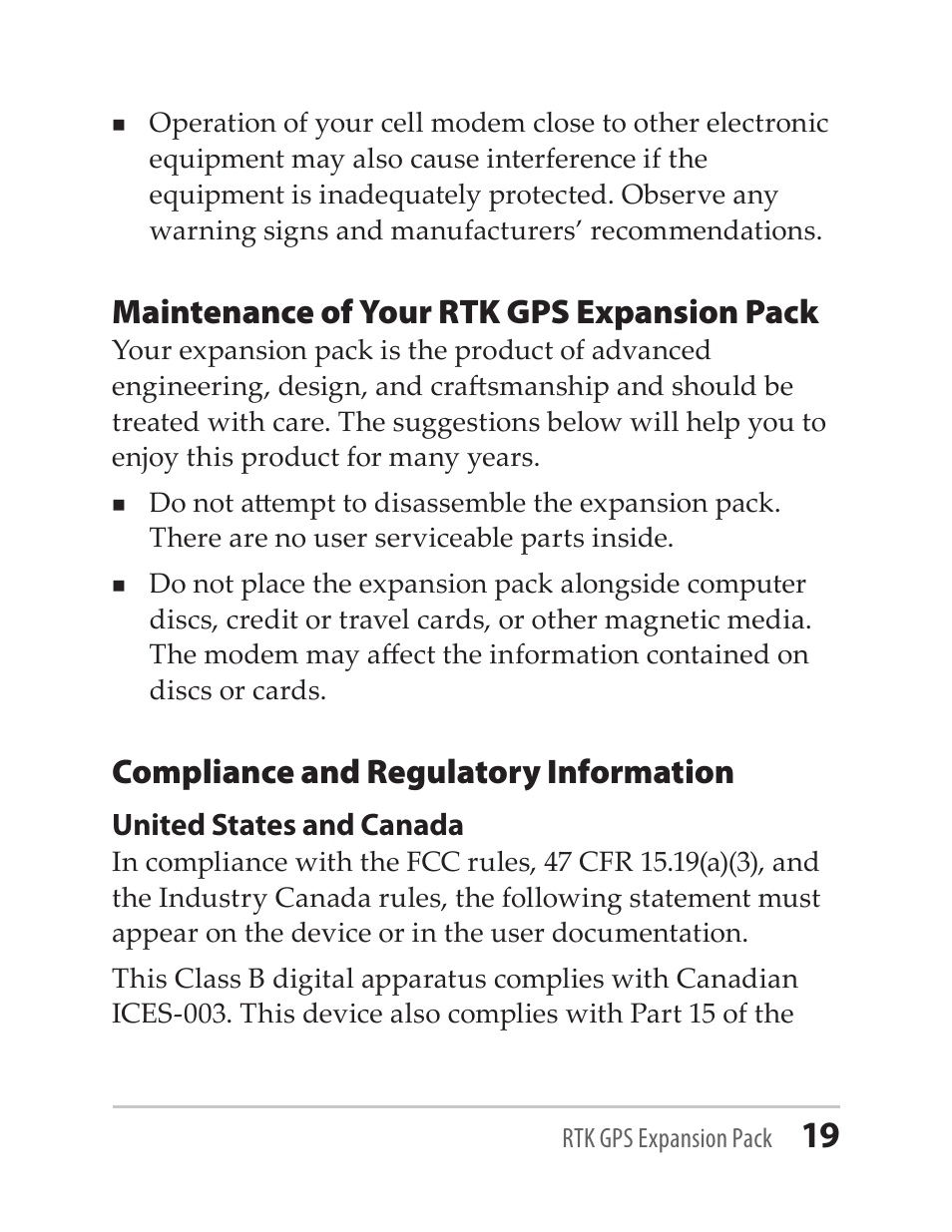 Maintenance of your rtk gps expansion pack, Compliance and regulatory information | Juniper Systems RTK GPS Expansion Pack User Manual | Page 19 / 24