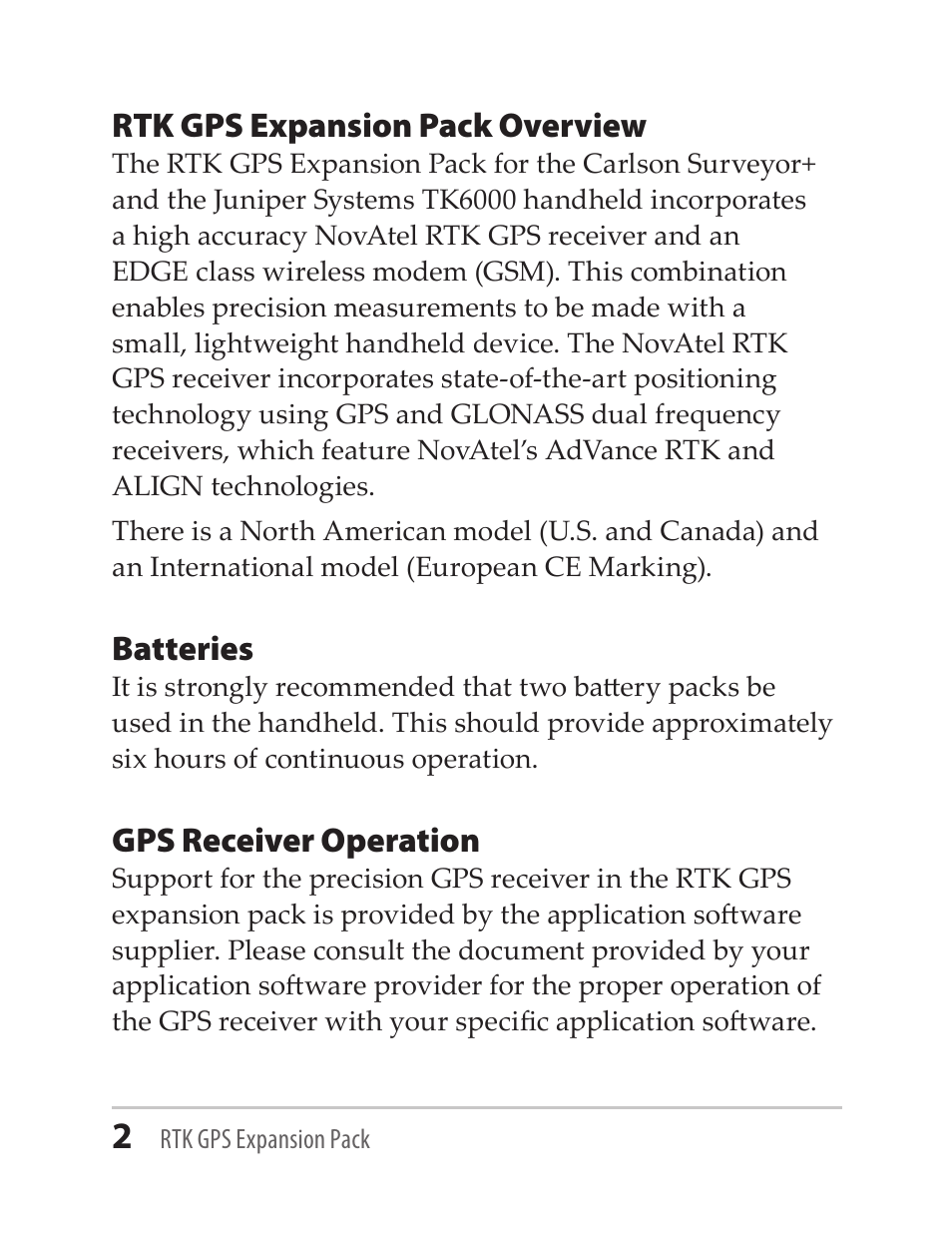Rtk gps expansion pack overview, Batteries, Gps receiver operation | Juniper Systems RTK GPS Expansion Pack User Manual | Page 2 / 24