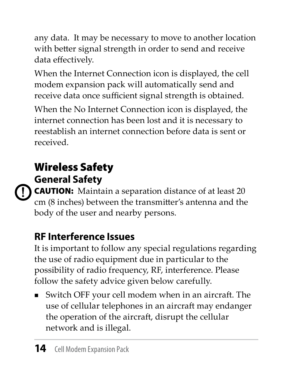 Wireless safety, General safety, Rf interference issues | Juniper Systems TK6000 Cell Modem User Manual | Page 14 / 18