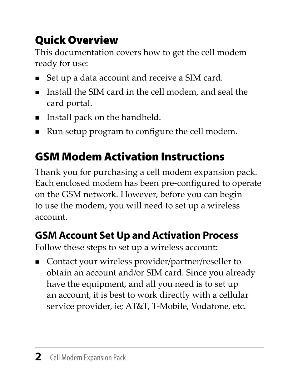 Quick overview, Gsm modem activation instructions, Gsm account set up and activation process | Juniper Systems TK6000 Cell Modem User Manual | Page 2 / 18