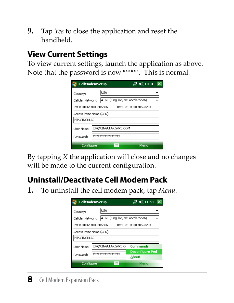 View current settings, Uninstall/deactivate cell modem pack | Juniper Systems TK6000 Cell Modem User Manual | Page 8 / 18