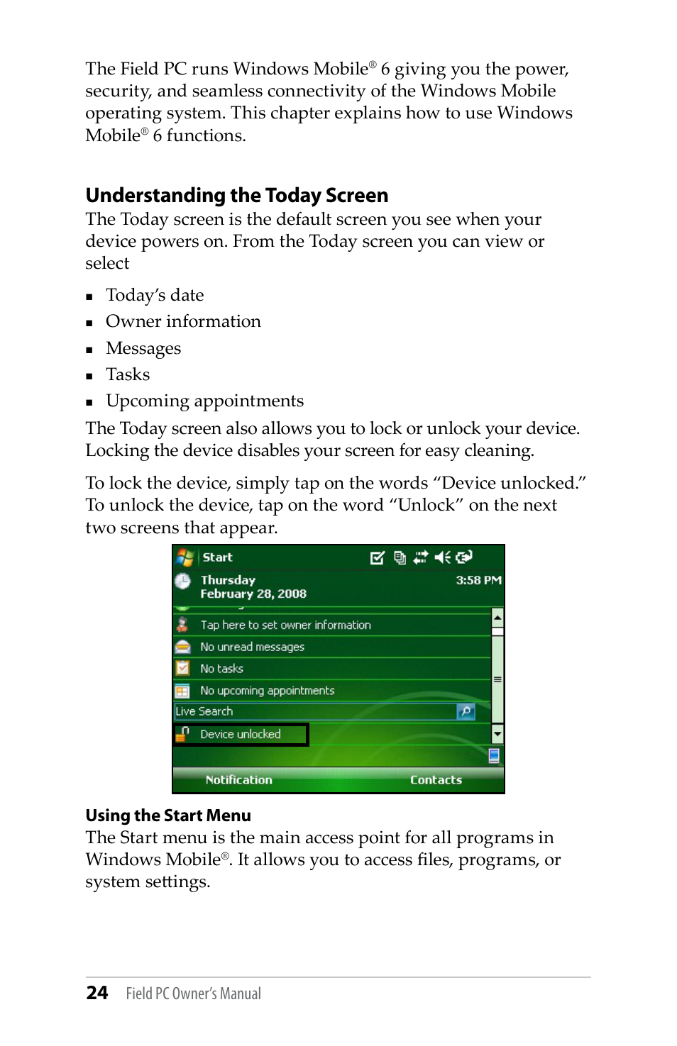 Understanding the today screen | Juniper Systems TK6000 User Guide User Manual | Page 24 / 70