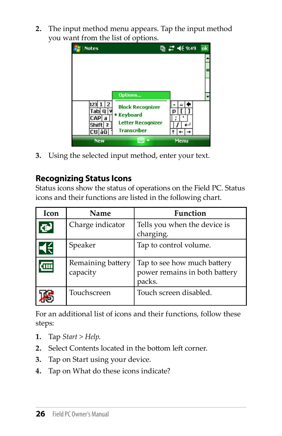 Recognizing status icons | Juniper Systems TK6000 User Guide User Manual | Page 26 / 70