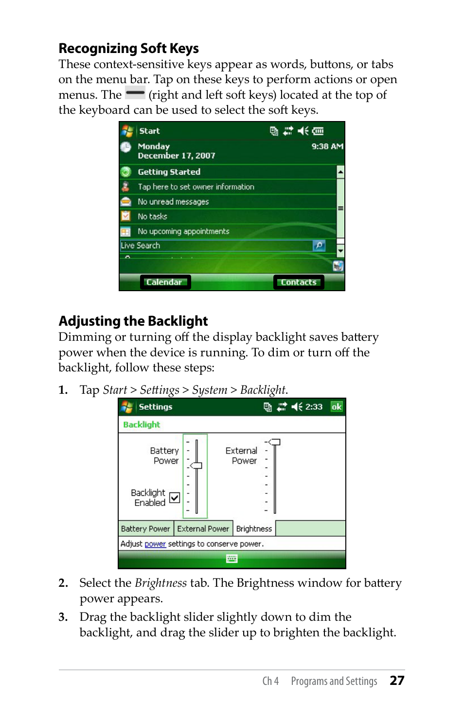 Recognizing soft keys, Adjusting the backlight | Juniper Systems TK6000 User Guide User Manual | Page 27 / 70