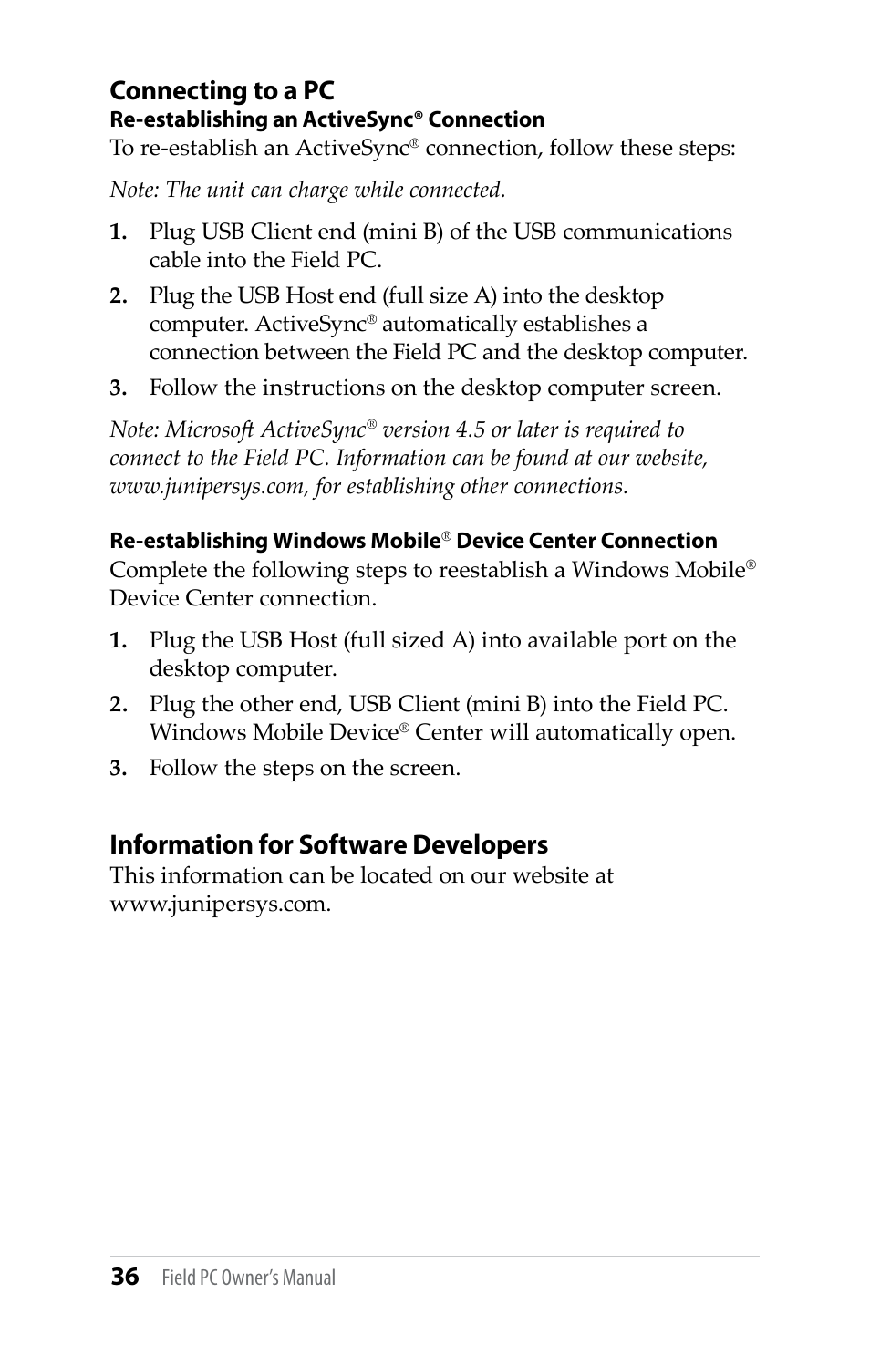 Information for software developers, Connecting to a pc | Juniper Systems TK6000 User Guide User Manual | Page 36 / 70