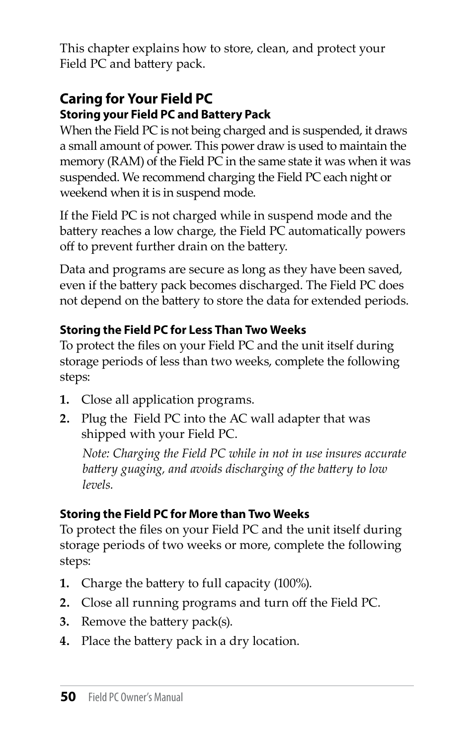 Caring for your field pc | Juniper Systems TK6000 User Guide User Manual | Page 50 / 70