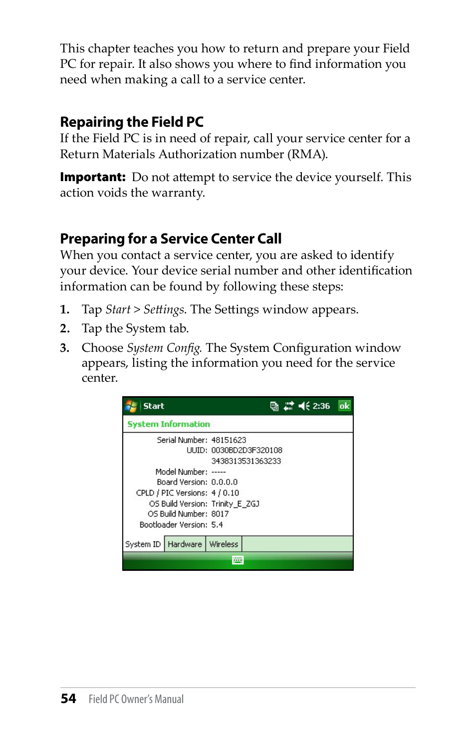 Repairing the field pc, Preparing for a service center call | Juniper Systems TK6000 User Guide User Manual | Page 54 / 70