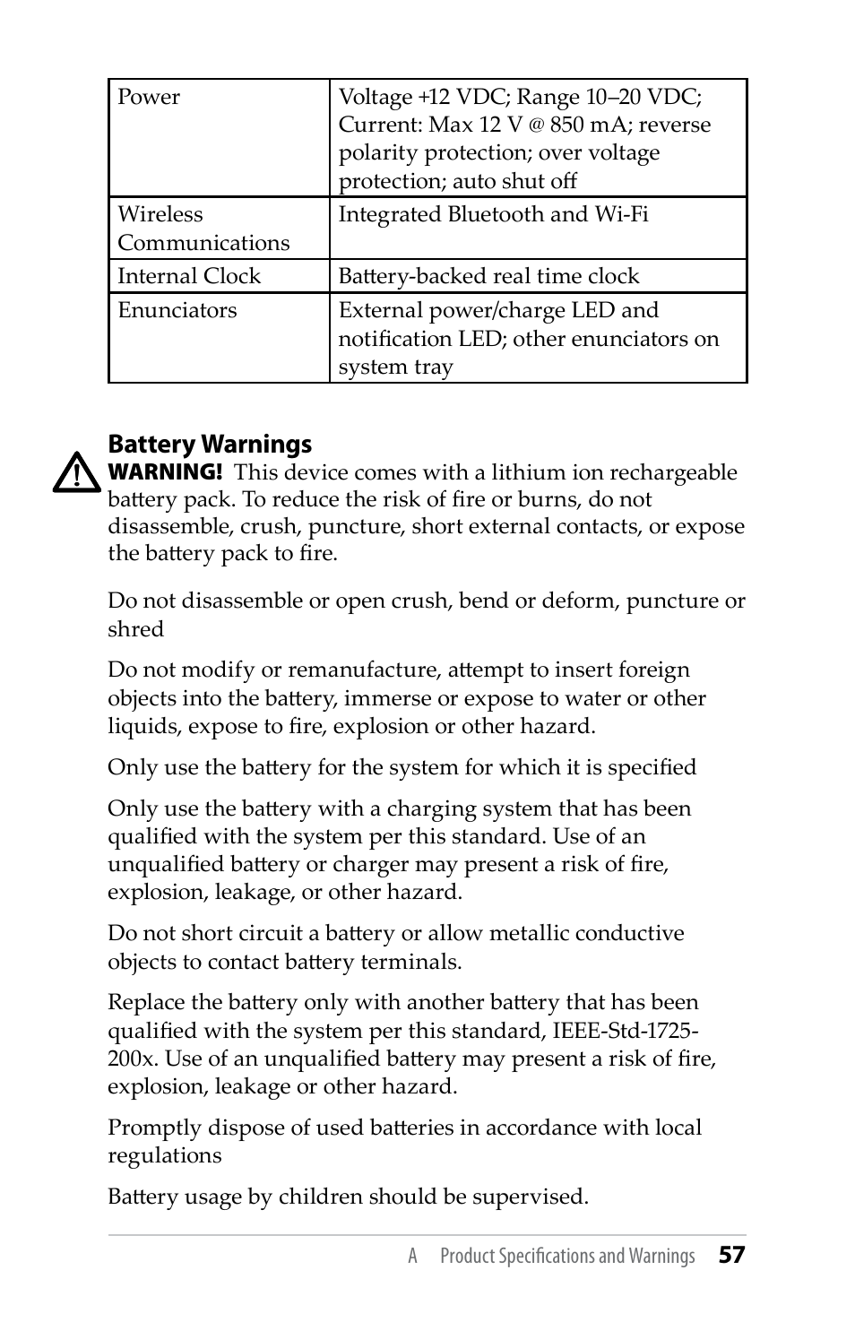 Battery warnings | Juniper Systems TK6000 User Guide User Manual | Page 57 / 70