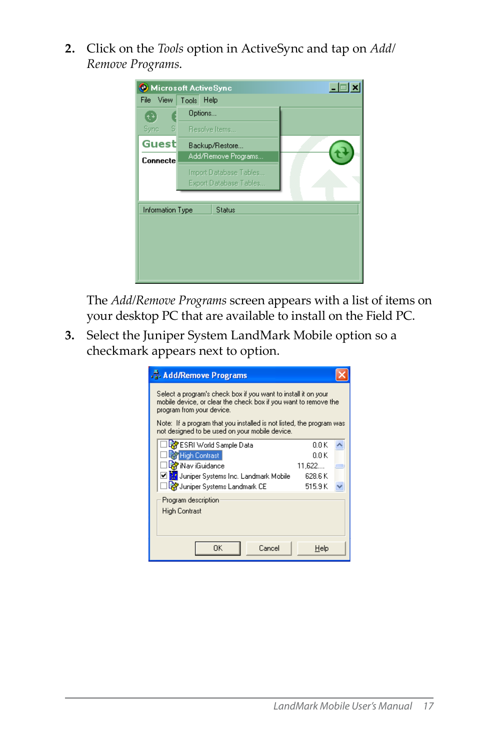 Uninstalling landmark mobile | Juniper Systems LandMark Mobile User Manual | Page 17 / 82