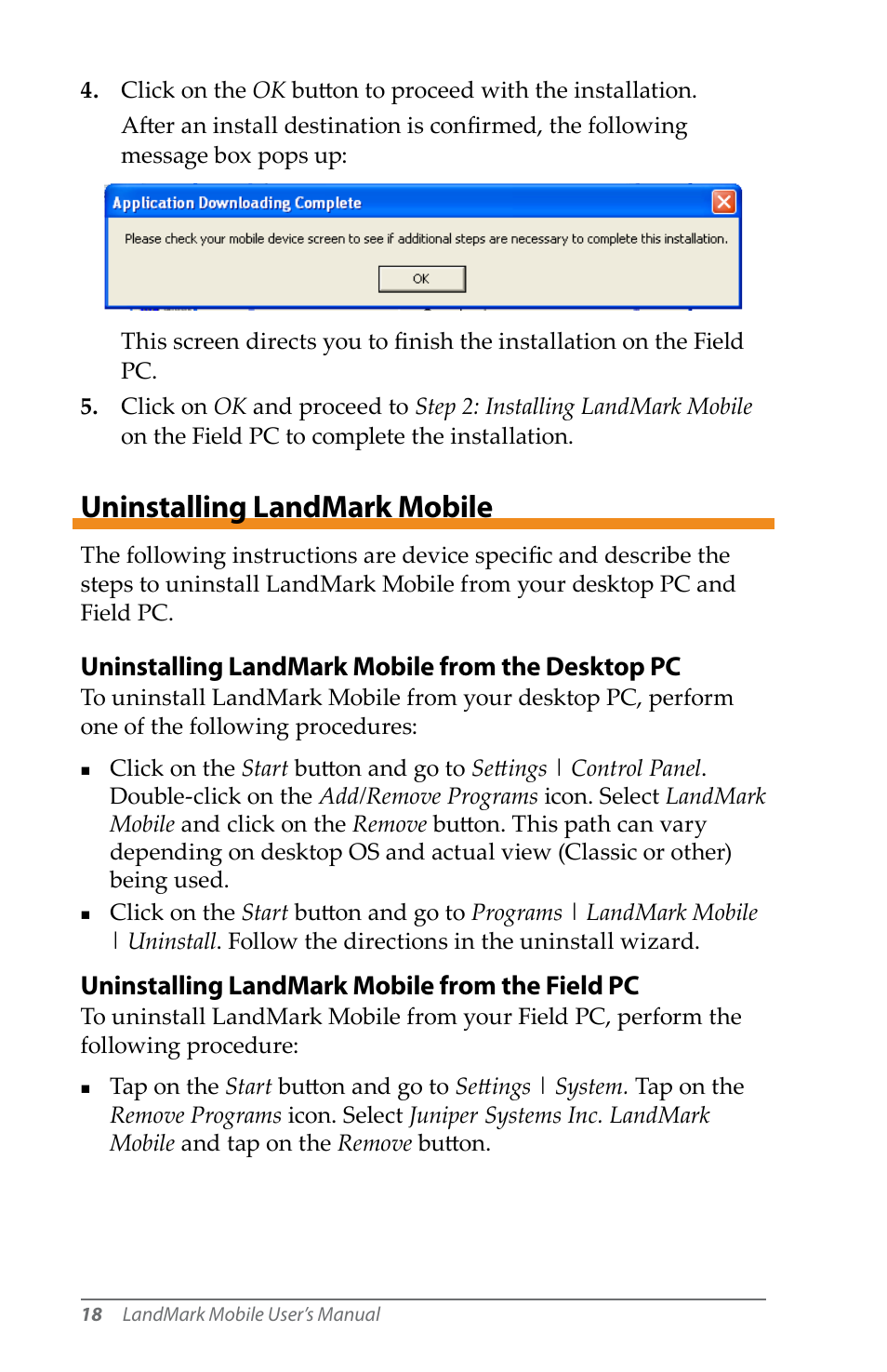 Uninstalling landmark mobile, Uninstalling landmark mobile from the desktop pc, Uninstalling landmark mobile from the field pc | Juniper Systems LandMark Mobile User Manual | Page 18 / 82