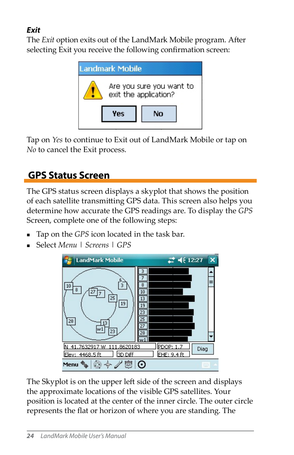 Gps status screen | Juniper Systems LandMark Mobile User Manual | Page 24 / 82