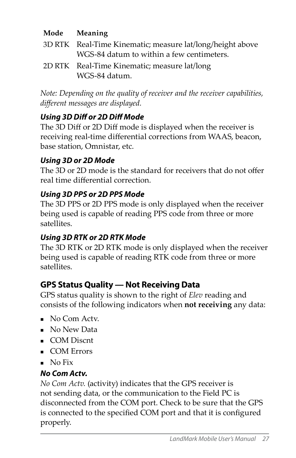 Gps status quality — not receiving data | Juniper Systems LandMark Mobile User Manual | Page 27 / 82