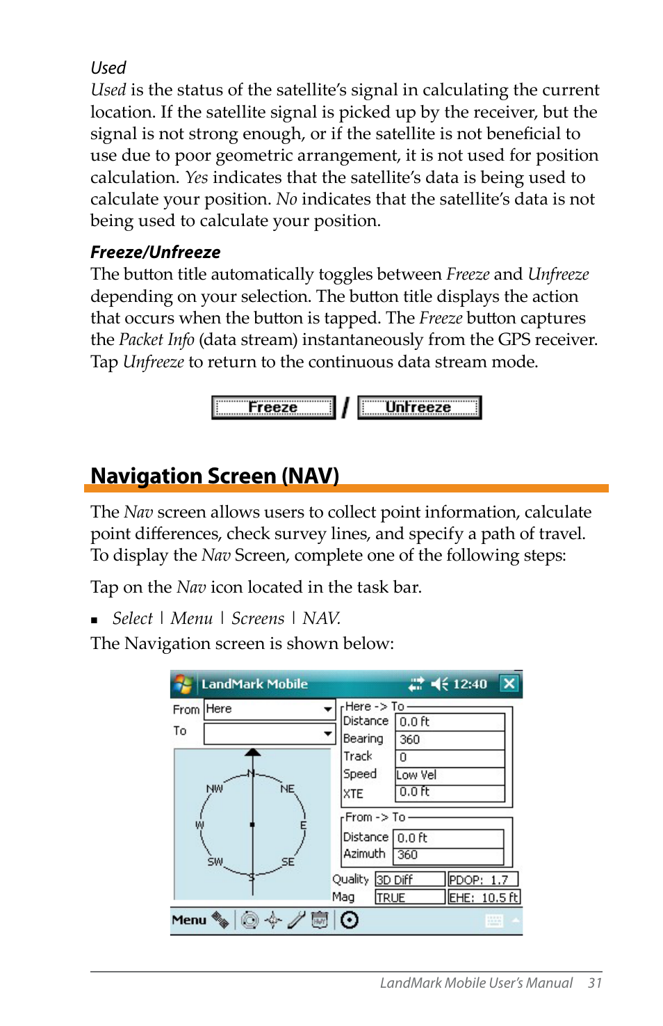 Navigation screen (nav), Navigation screen | Juniper Systems LandMark Mobile User Manual | Page 31 / 82