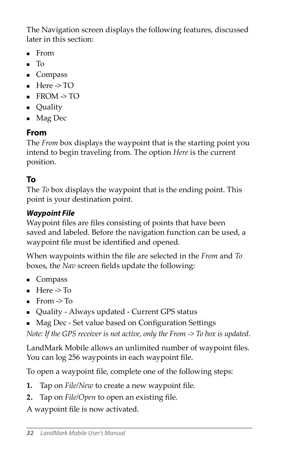 From, Waypoint file | Juniper Systems LandMark Mobile User Manual | Page 32 / 82