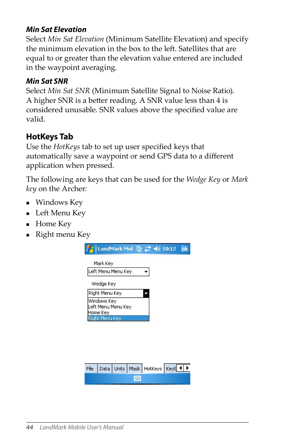 Hotkeys tab | Juniper Systems LandMark Mobile User Manual | Page 44 / 82