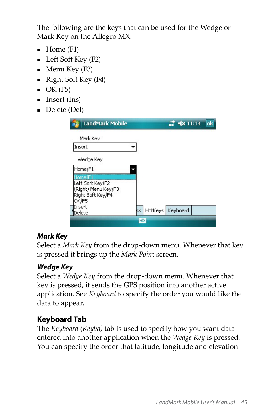 Keyboard tab, Mark key, Wedge key | Juniper Systems LandMark Mobile User Manual | Page 45 / 82