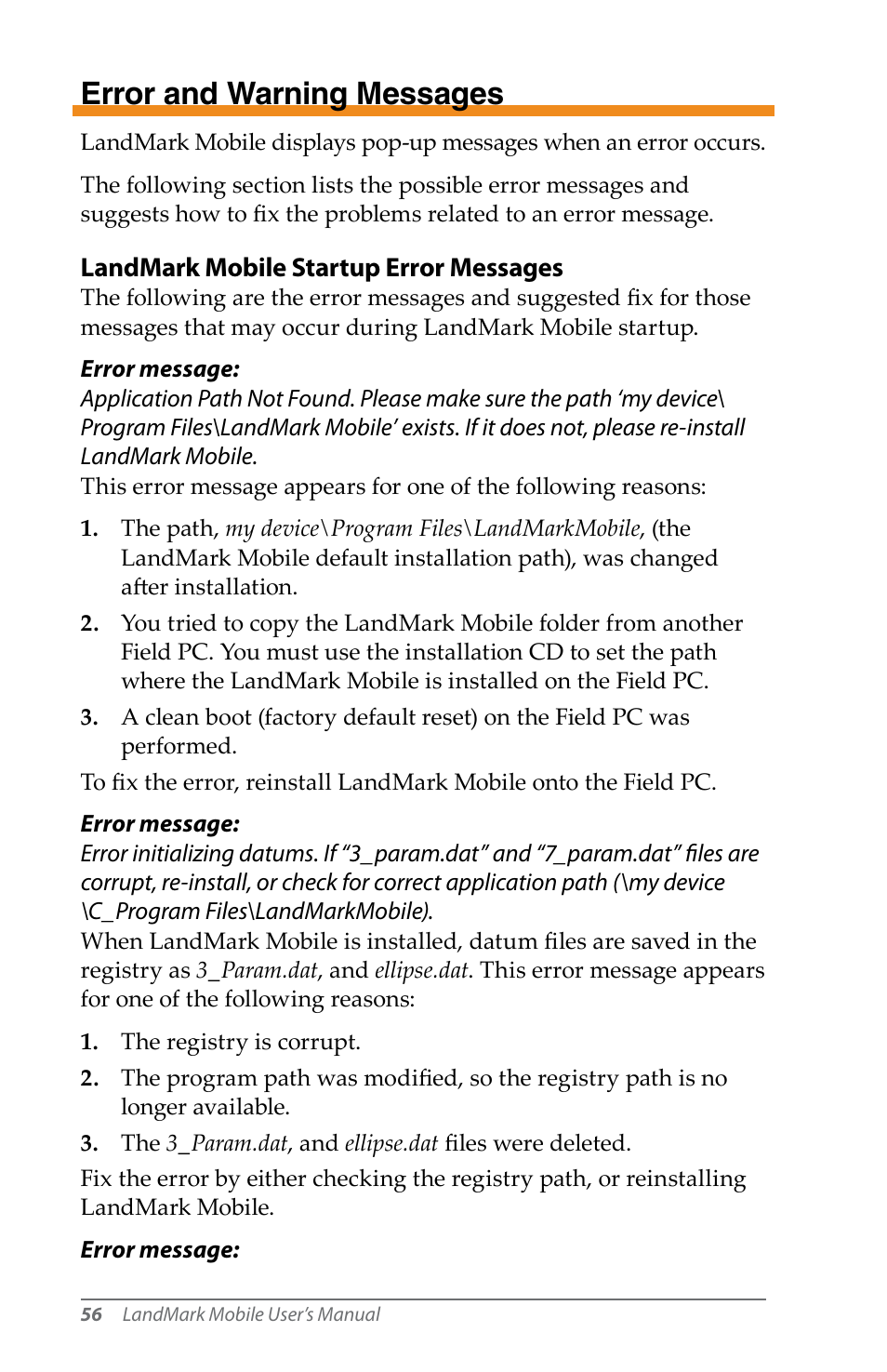 Error and warning messages, Error messages | Juniper Systems LandMark Mobile User Manual | Page 56 / 82