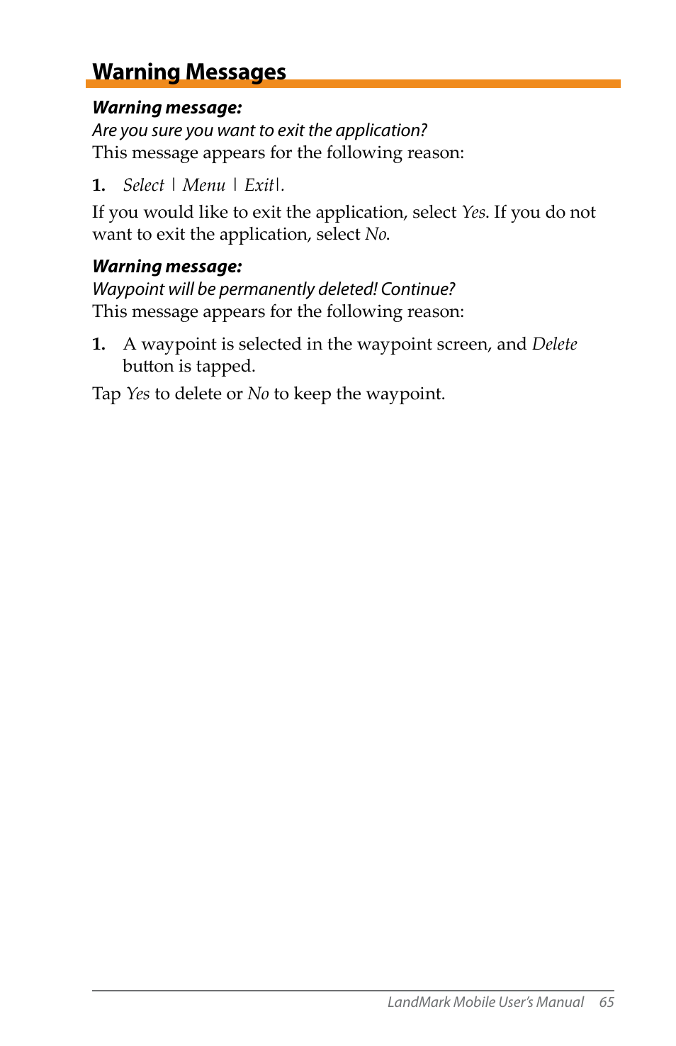 Warning messages | Juniper Systems LandMark Mobile User Manual | Page 65 / 82