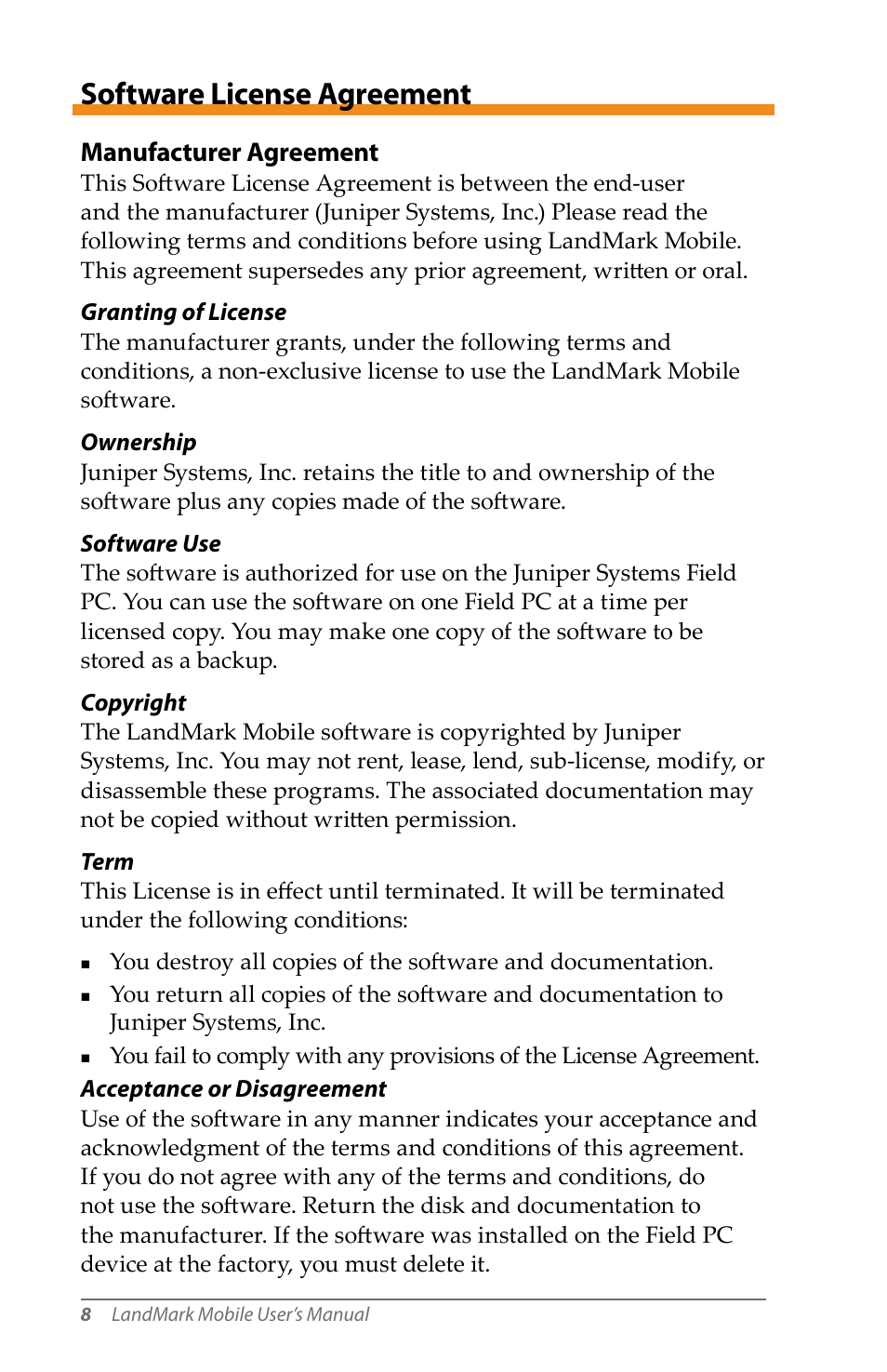 Software license agreement, Manufacturer agreement | Juniper Systems LandMark Mobile User Manual | Page 8 / 82