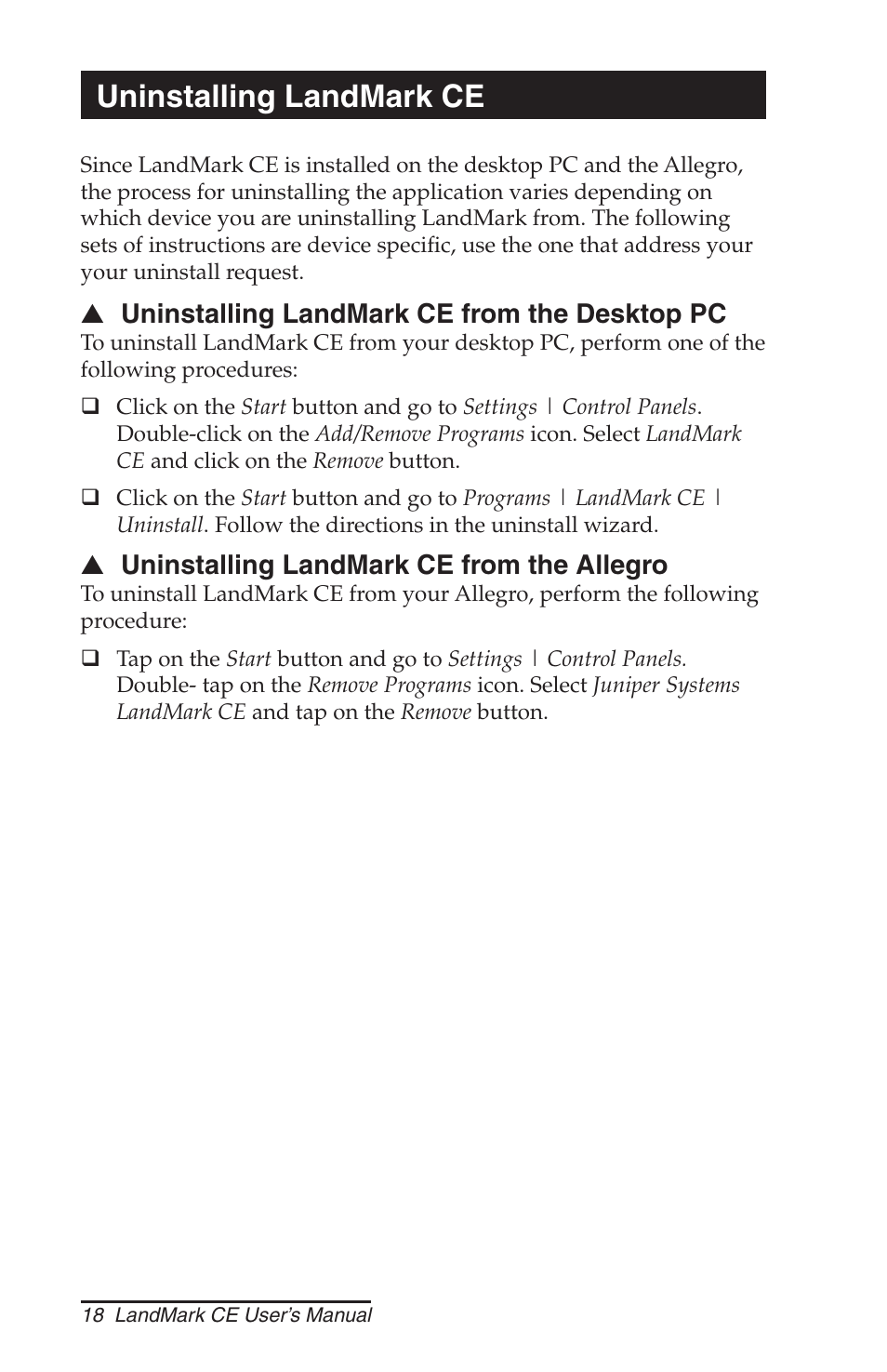 Uninstalling landmark ce | Juniper Systems LandMark CE User Manual | Page 18 / 84