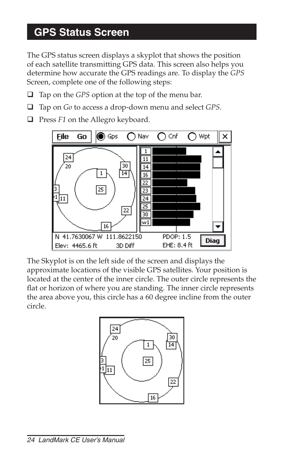 Gps status screen | Juniper Systems LandMark CE User Manual | Page 24 / 84