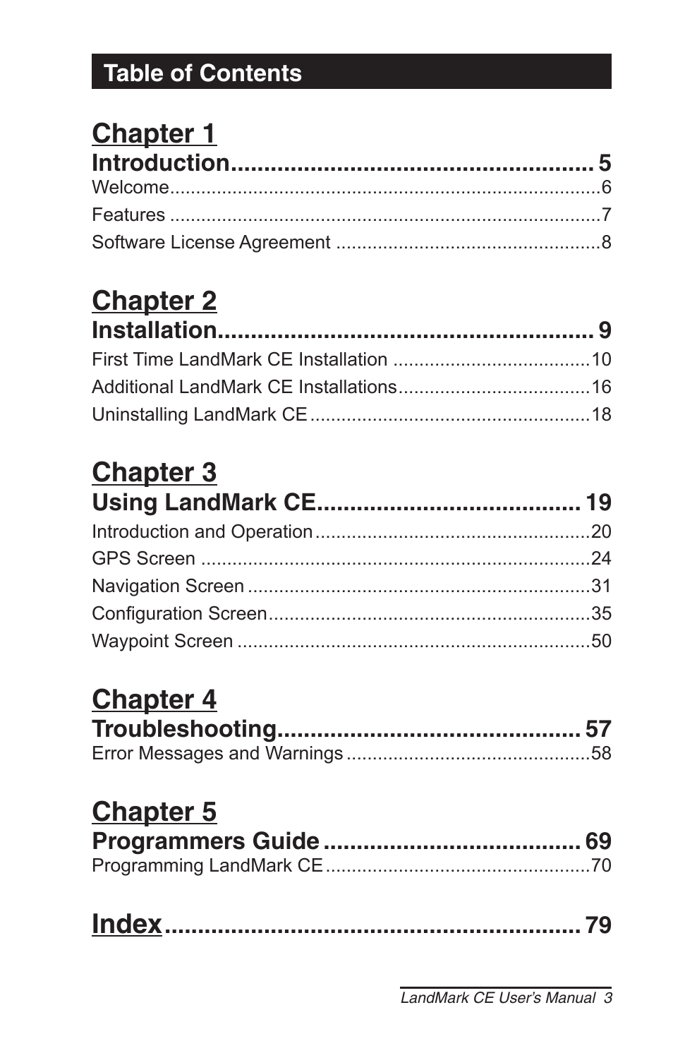Chapter 1, Chapter 2, Chapter 3 | Chapter 4, Chapter 5, Index | Juniper Systems LandMark CE User Manual | Page 3 / 84