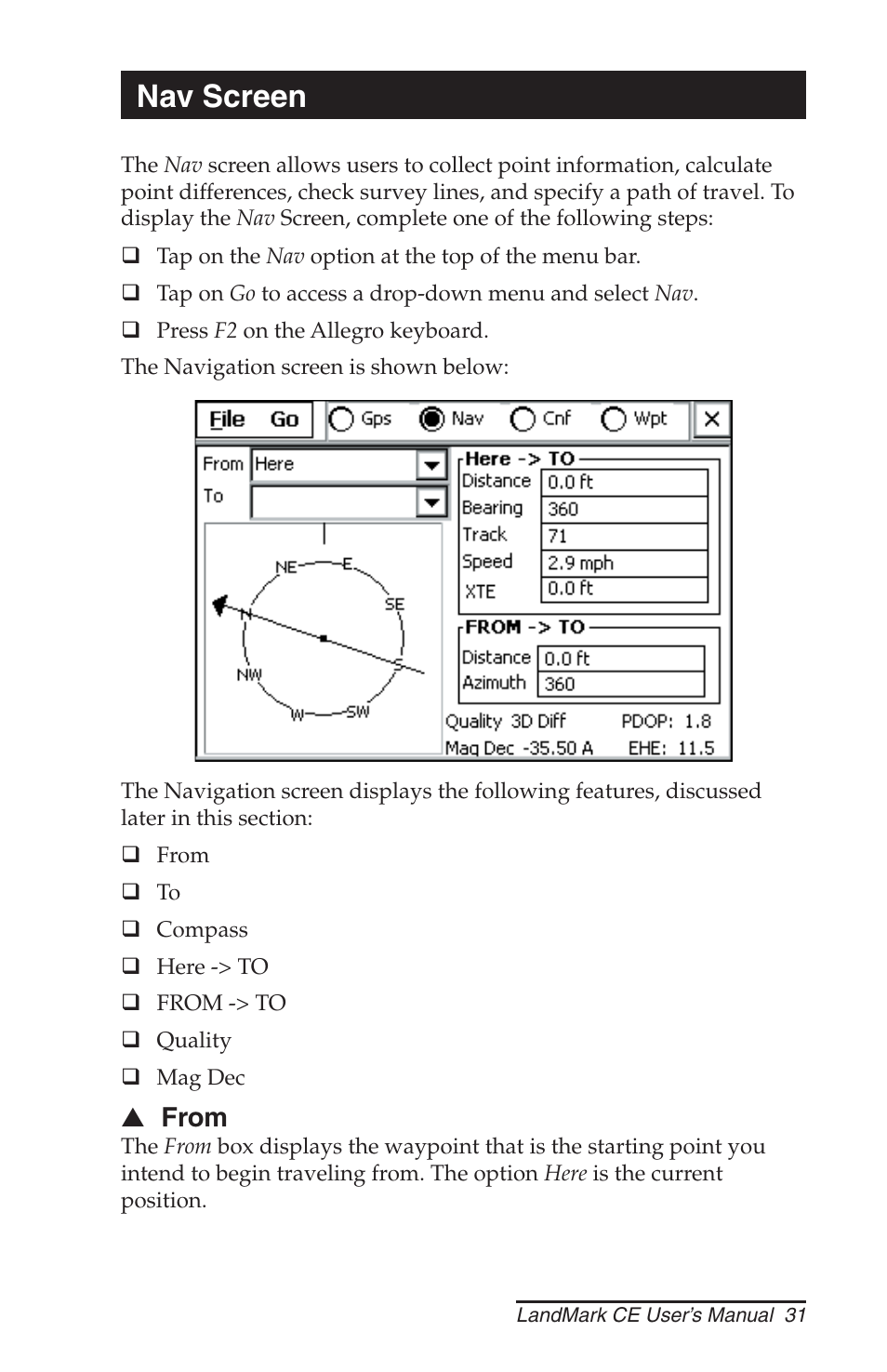 Nav screen | Juniper Systems LandMark CE User Manual | Page 31 / 84