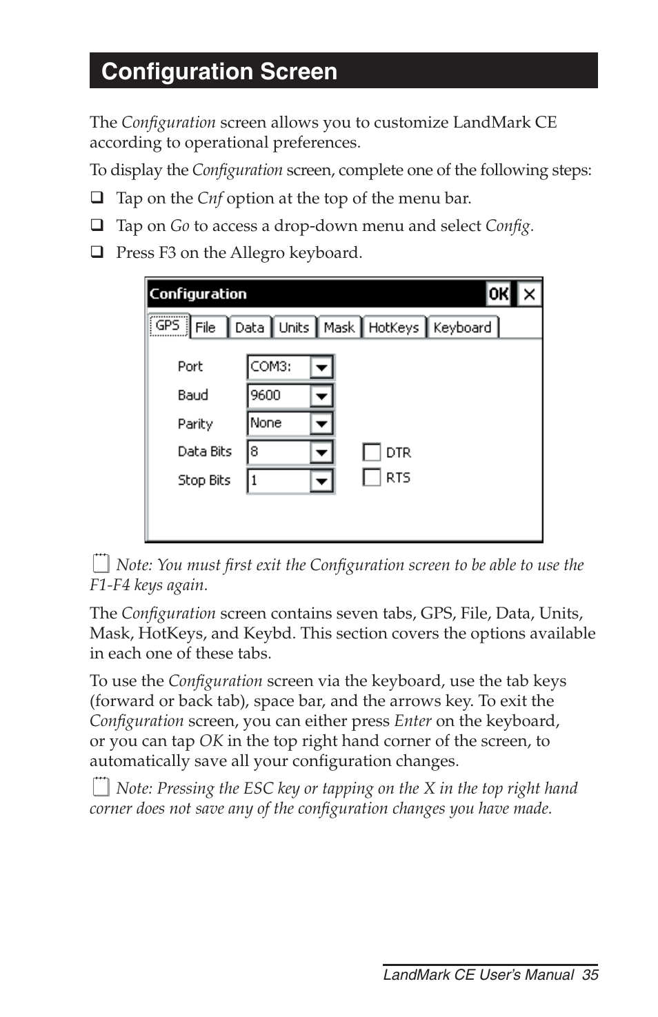 Confi guration screen | Juniper Systems LandMark CE User Manual | Page 35 / 84