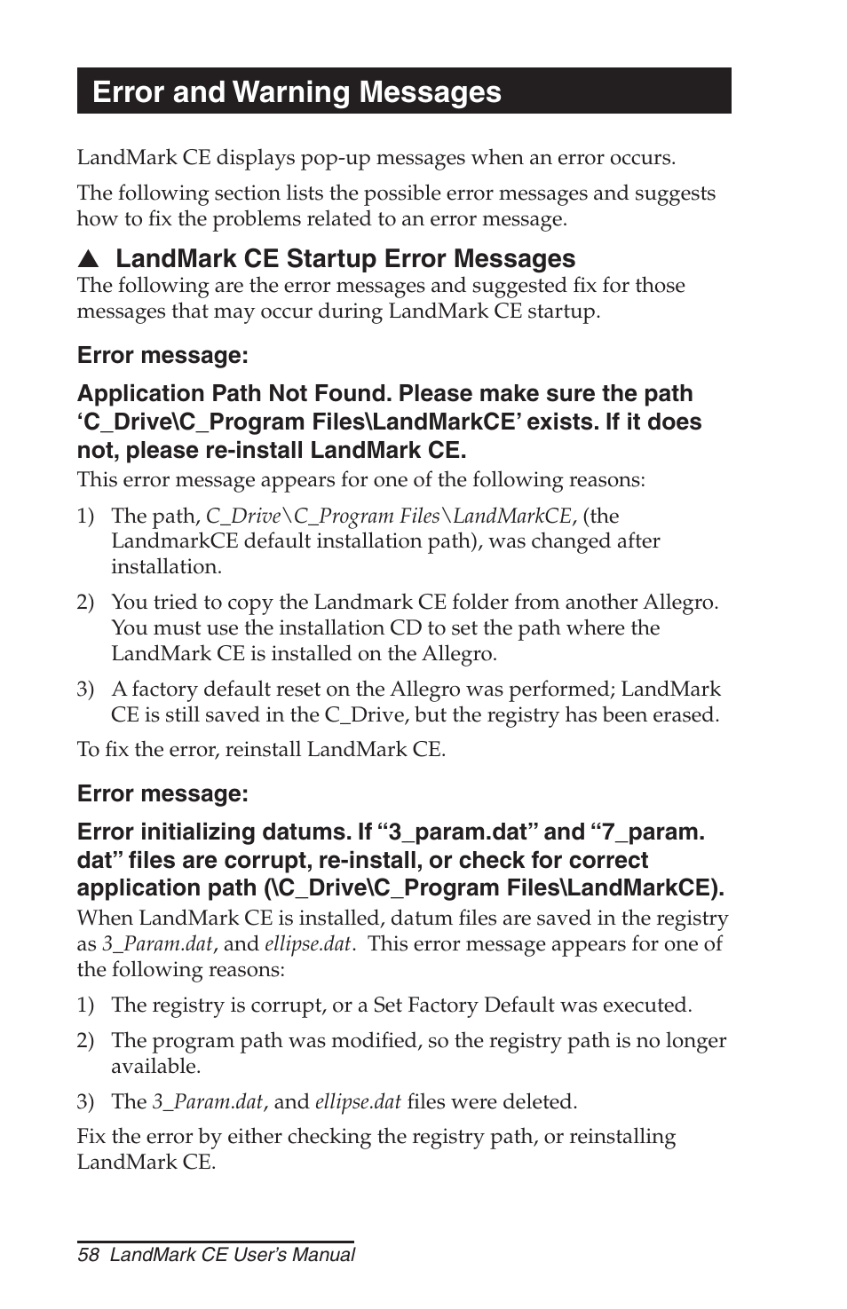 Error and warning messages | Juniper Systems LandMark CE User Manual | Page 58 / 84