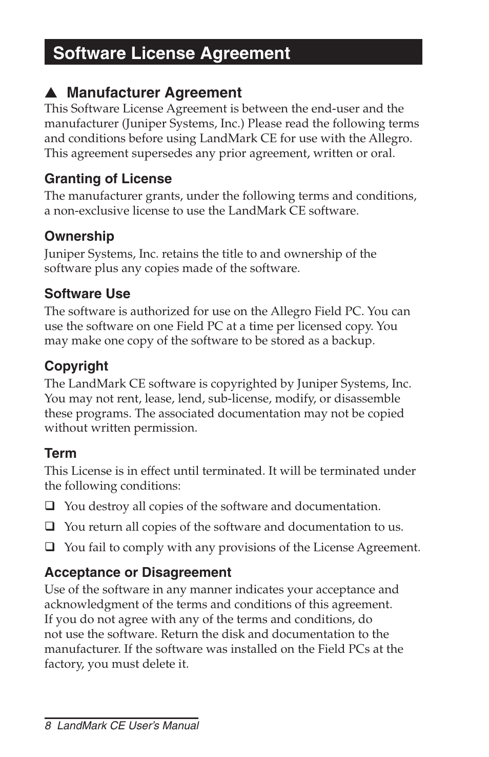 Software license agreement | Juniper Systems LandMark CE User Manual | Page 8 / 84