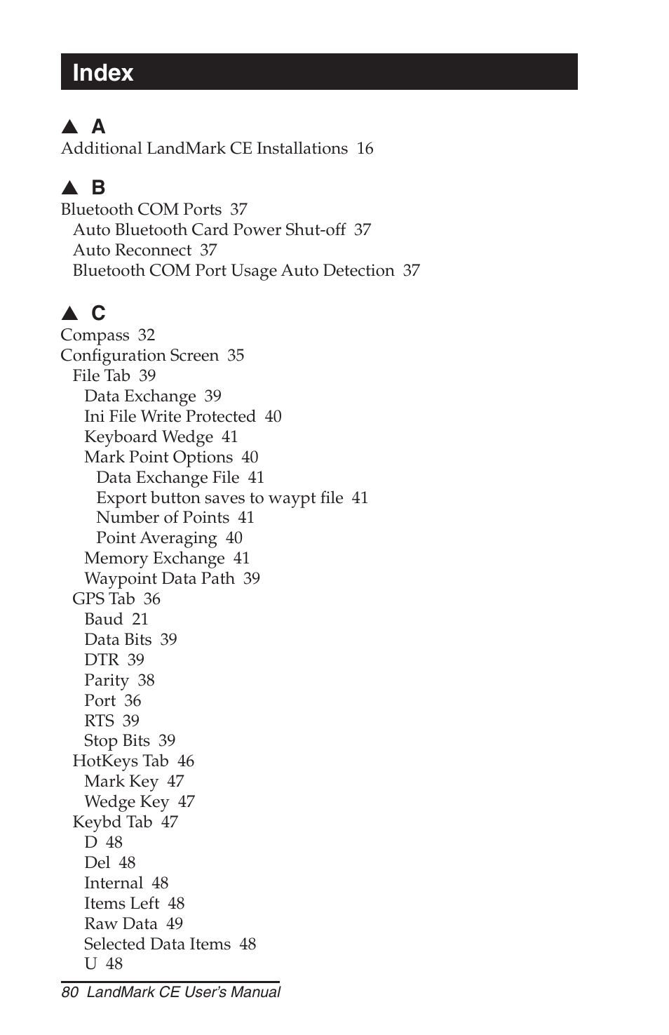 Index | Juniper Systems LandMark CE User Manual | Page 80 / 84