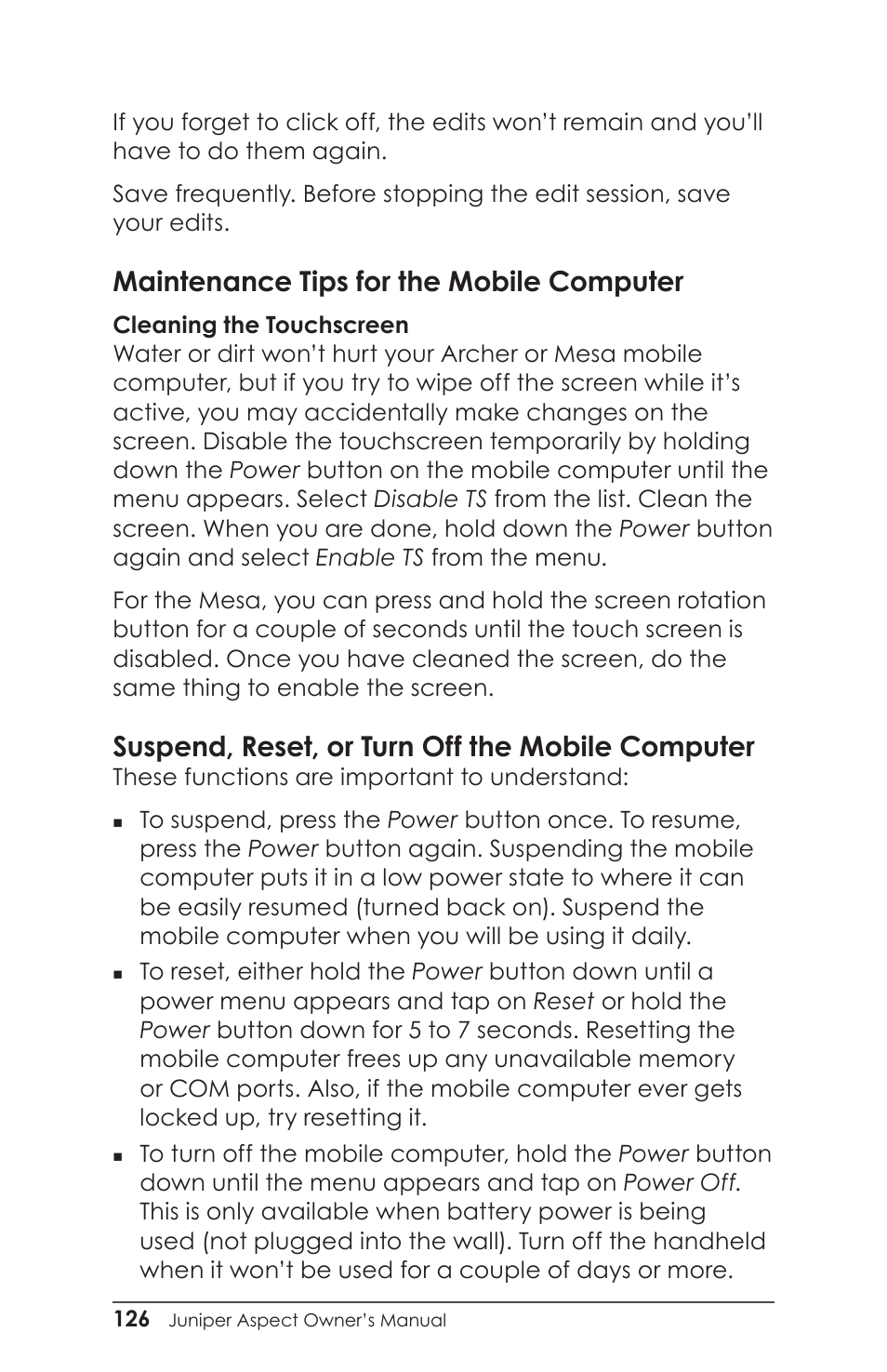Maintenance tips for the mobile computer, Suspend, reset, or turn off the mobile computer, Maintenance tips for the mobile computer 126 | Suspend, reset, or turn off mobile computer 126 | Juniper Systems Juniper Aspect User Manual | Page 130 / 135