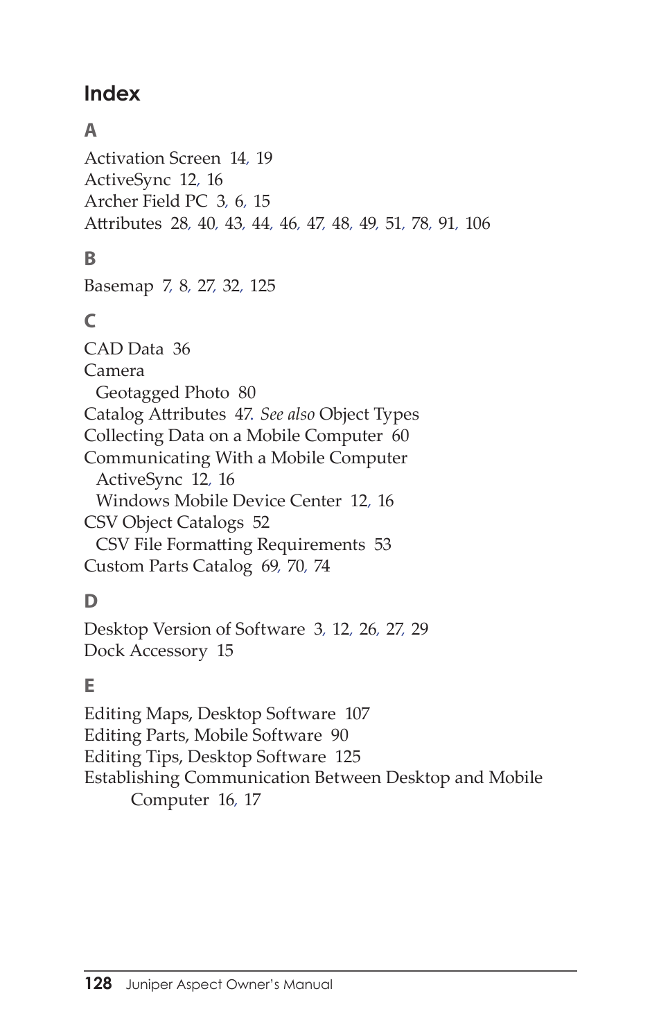 Index | Juniper Systems Juniper Aspect User Manual | Page 132 / 135