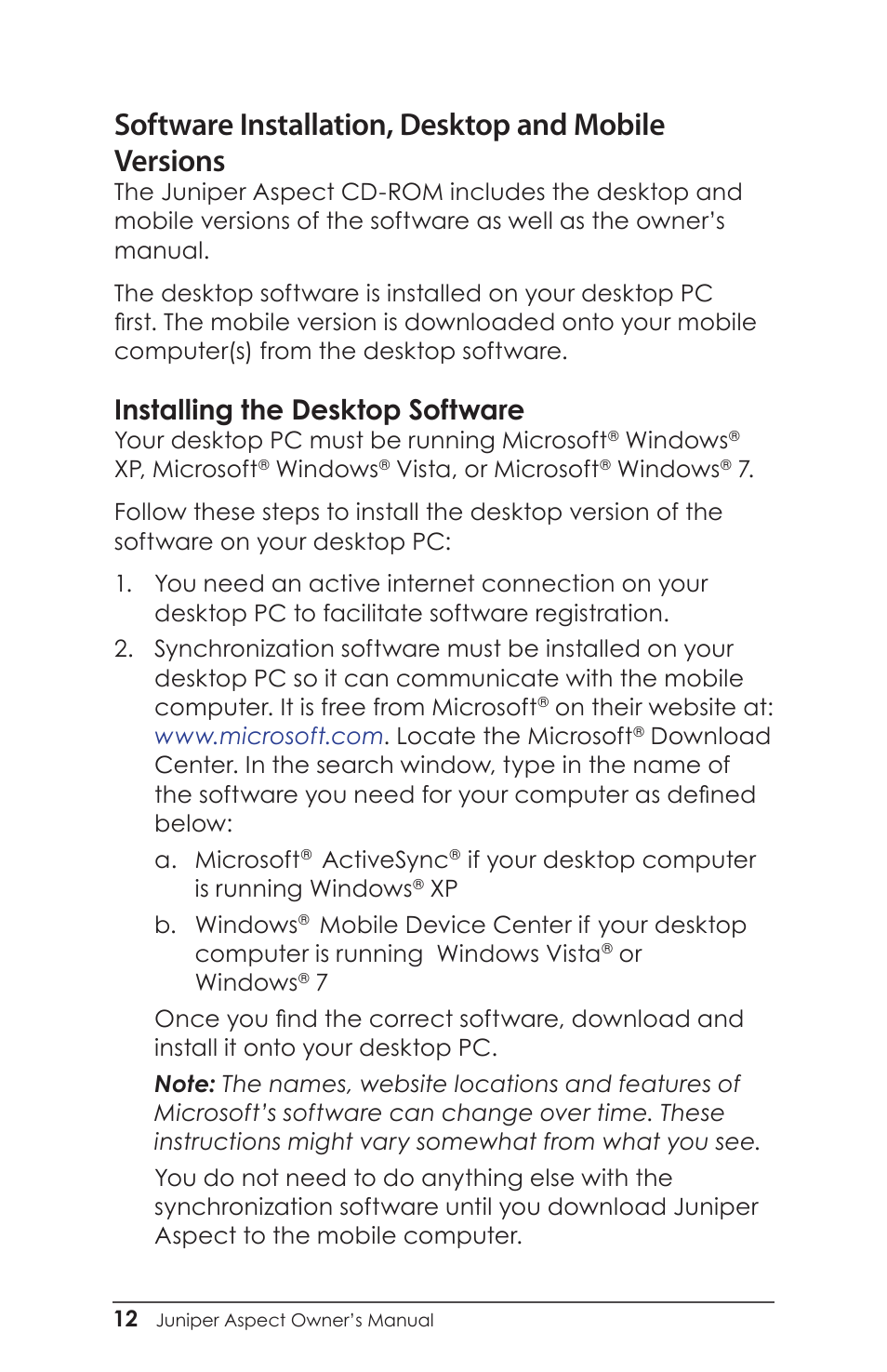 Installing the desktop software, Software installation, desktop and mobile versions | Juniper Systems Juniper Aspect User Manual | Page 16 / 135