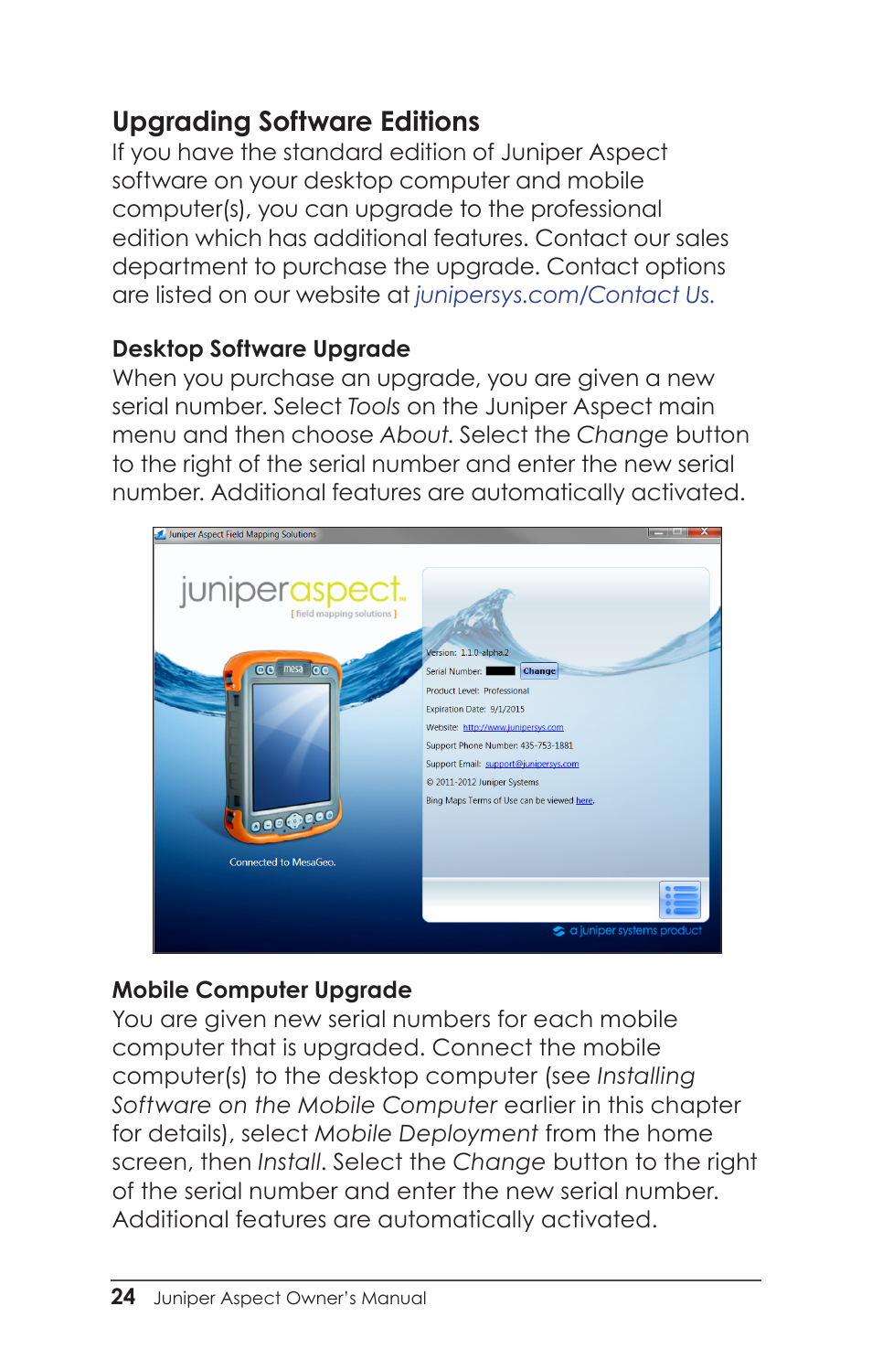 Upgrading software editions | Juniper Systems Juniper Aspect User Manual | Page 28 / 135