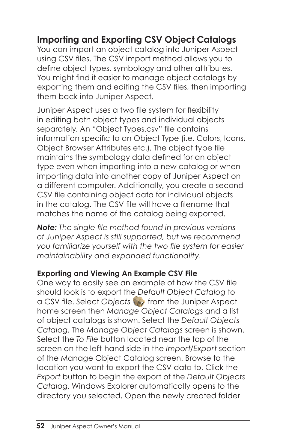 Importing and exporting csv object catalogs, Importing, exporting csv object catalogs | Juniper Systems Juniper Aspect User Manual | Page 56 / 135